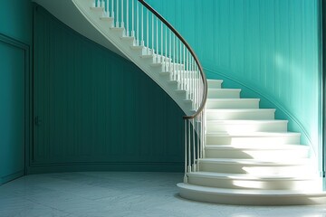 Naklejka premium Elegant spiral staircase in a turquoise room showcasing minimalist design and soft lighting, creating a serene atmosphere