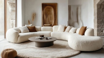 Serene and cozy living room with a cream boucle sofa and a minimalist circular coffee table, perfect for relaxation
