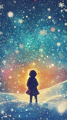 Child glows against a magical winter backdrop with falling snowflakes and vibrant colors at dusk