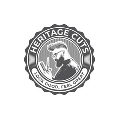 Vintage barbershop logo - bearded barber holding scissors and comb, retro-style emblem vector design