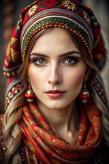 Portrait of a caucasian Woman Wearing Colorful Traditional Attire with Confident Expression. Generative AI