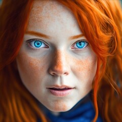 Close-Up Portrait of Woman with Red Hair and Striking Blue Eyes. Generative AI