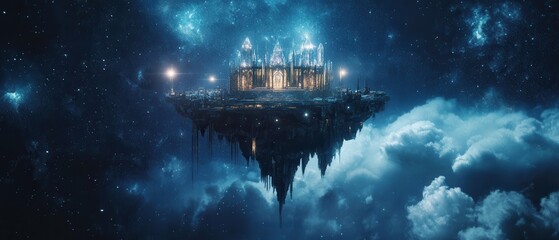 Obraz premium Floating castle illuminated by stars in a celestial night sky over ethereal clouds