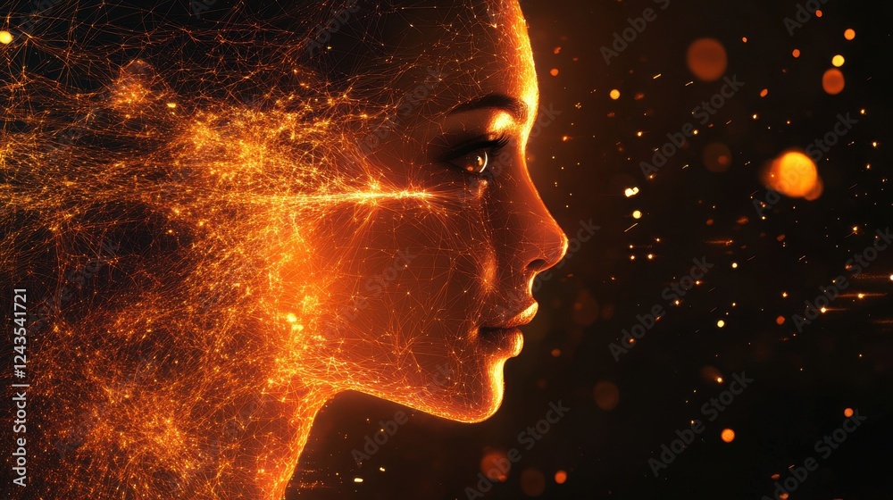 Aufkleber surreal representation of a glowing woman with abstract light effects in an ethereal environment dur