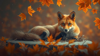 autumn banner with red fox vulpes and branches with golden maple leaves in a fantasy forest - AI generated