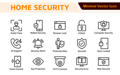 Home Security Icon Set. A comprehensive collection of icons focused on safety and protection, perfect for enhancing security apps, websites, and marketing materials aimed at home safety solutions.