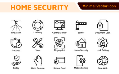 Home Security Icon Set. A comprehensive collection of icons focused on safety and protection, perfect for enhancing security apps, websites, and marketing materials aimed at home safety solutions.