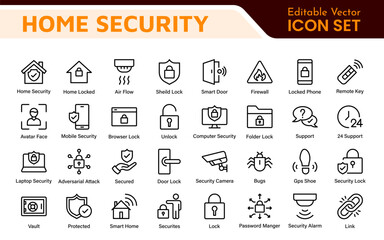 Home Security Icon Set. A comprehensive collection of icons focused on safety and protection, perfect for enhancing security apps, websites, and marketing materials aimed at home safety solutions.