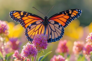 Fototapeta premium Monarch Butterfly Resting on Vibrant Pink Flowers