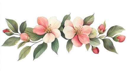 Obraz premium A beautiful floral arrangement featuring delicate pink and white flowers with lush green leaves and buds, perfect for decoration or design inspiration.