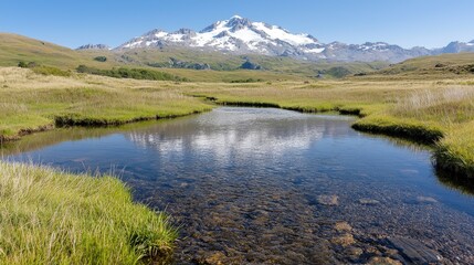 Fototapeta premium Mountain reflection in calm stream, meadow, summer