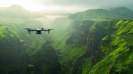 Fototapeta premium drone flying over lush green landscape with mountains and valleys, showcasing beauty of nature and technology in harmony