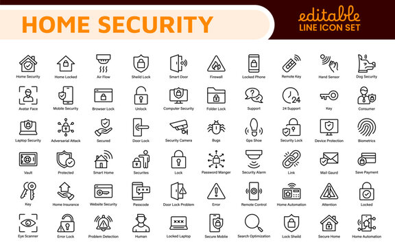 Home Security Icon Set. A comprehensive collection of icons focused on safety and protection, perfect for enhancing security apps, websites, and marketing materials aimed at home safety solutions.