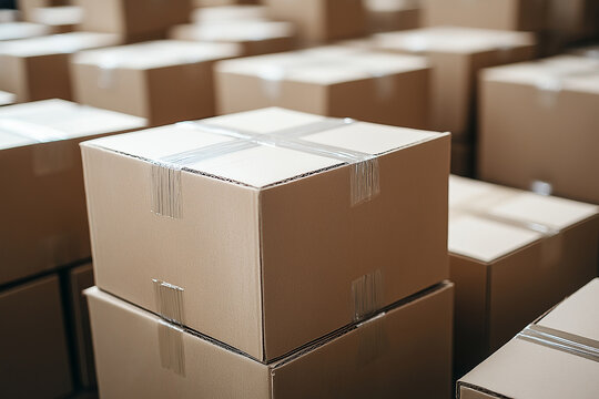 Boxes Stacked on Top of Each Other in a Room for Parcel Delivery, Supply Chain Economics, and SCP Anomalous Object in Trading Depots. Generative AI