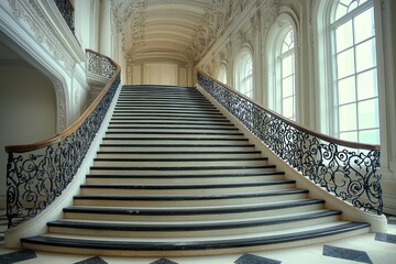Obraz premium Elegant grand staircase with ornate railing in a historic building, showcasing architectural beauty and intricate design details