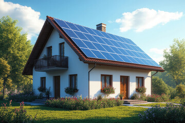 A country cottage with solar panels on the roof, grass and flowers around the lawn, a sunny day in a country house, electrification of a private house