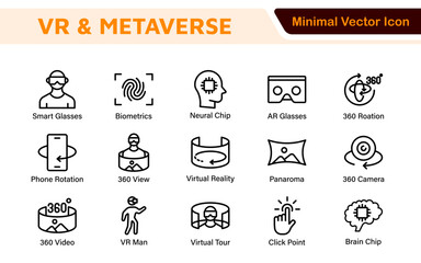 Virtual Reality and Metaverse Icon Set. A cutting-edge collection of icons designed to enhance immersive experiences, perfect for VR apps, gaming platforms, and digital worlds.