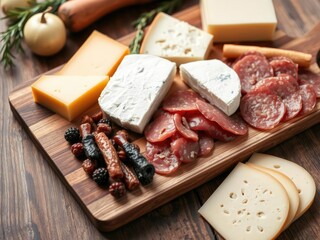 Wooden cutting board with cheese and cured meats arranged on it, artful display, wooden board