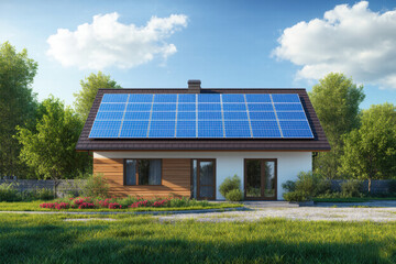 A country cottage with solar panels on the roof, grass and flowers around the lawn, a sunny day in a country house, electrification of a private house