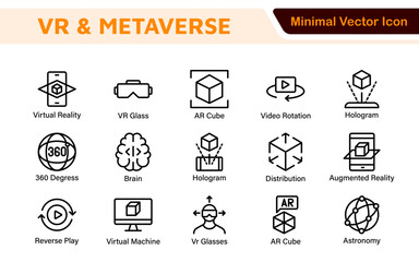 Virtual Reality and Metaverse Icon Set. A cutting-edge collection of icons designed to enhance immersive experiences, perfect for VR apps, gaming platforms, and digital worlds.