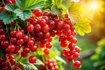 Macro Photography: Ripe Red Currants on Bush, Summer Berries Close Up