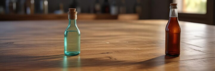 Wooden table with a single empty glass bottle resting on its surface , glass bottle, interior, room