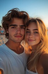 Fototapeta premium Young couple taking selfie at beach during sunset, smiling and in love