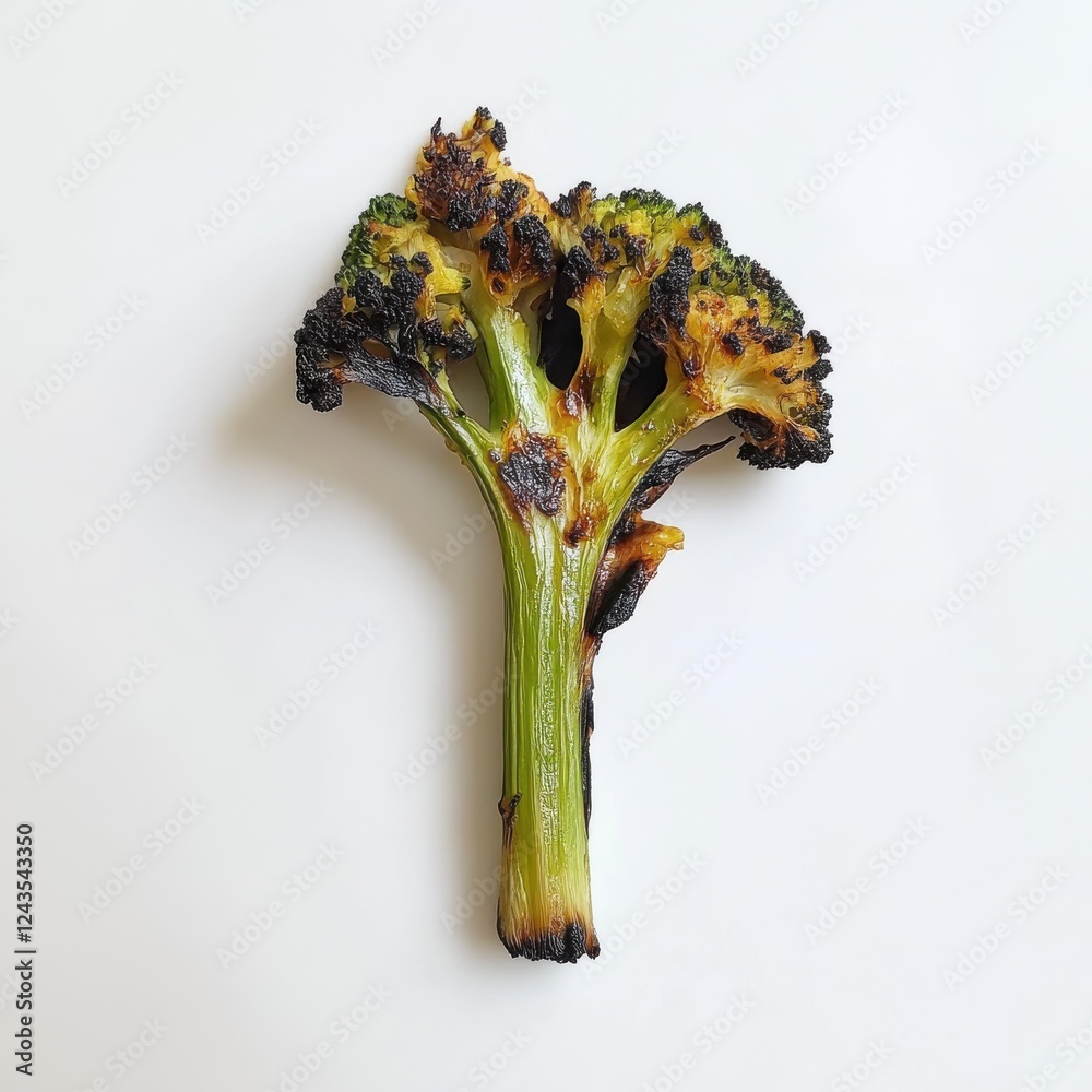 Poster Roasted broccoli floret with charred edges showcasing perfect caramelization and texture
