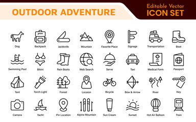 Adventure Icon Set. An exciting collection of icons that captures the spirit of exploration, perfect for travel apps, outdoor websites, and promotional materials for adventure and thrill-seeking.