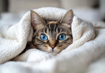 Cute tabby cat with bright blue eyes peeking out from a cozy white blanket, capturing a moment of warmth and comfort in a soft home environment
