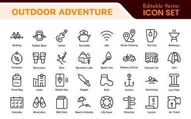 Adventure Icon Set. An exciting collection of icons that captures the spirit of exploration, perfect for travel apps, outdoor websites, and promotional materials for adventure and thrill-seeking.