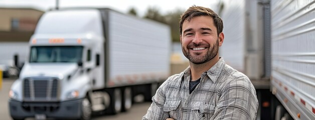 smiling man stands confidently in front of parked freight truck at distribution center, showcasing sense of pride in his work