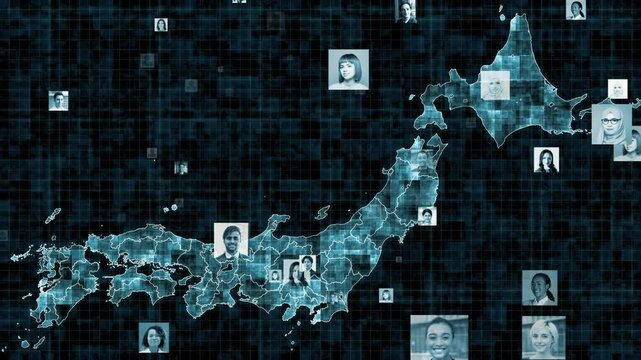 日本、地図、人々、多国籍、グローバル、インバウンド、SNS、アカウント、個人情報、ビジネス、移民、ソーシャルメディア、DX、ダイバーシティ、インクルージョン、エクイティ、DEI、多様性、コミュニケーション、交流、男性、女性、日本人、外国人、黒人、白人、行方不明、指名手配、被害者、顔写真、捜索、マッチング、未来、都道府県、政治、行政、マイナンバー、共生、歴史、過去、モノクロ、犯罪、グローバリゼーショ