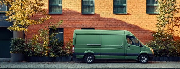 Obraz premium green delivery van parked beside brick building, surrounded by trees and plants, showcasing sustainable urban environment