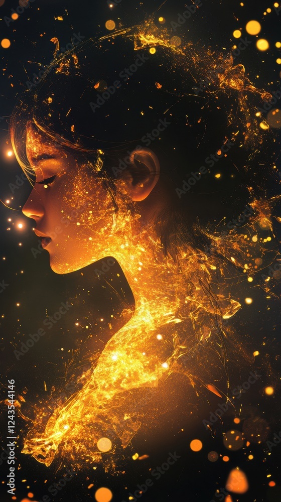 Aufkleber portrait of a serene woman glowing with ethereal light and vibrant particles in a mystical atmospher