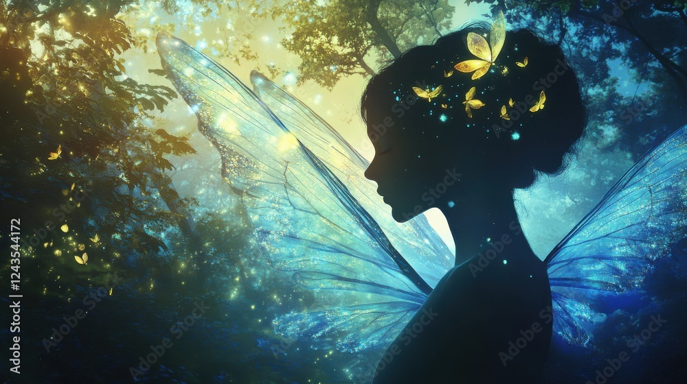 Poster serene portrait of a woman with glowing butterflies in an enchanting forest setting at dusk