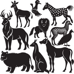 Black and White Silhouettes of Various Wild Animals