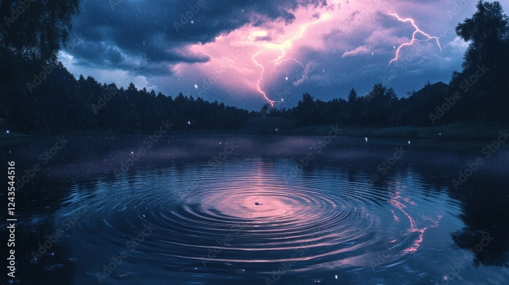 Poster serene lake reflecting an intense thunderstorm sky with vibrant lightning in the distance