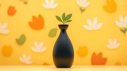 Obraz premium Dark Vase With Plant On Bright Yellow Flower Background