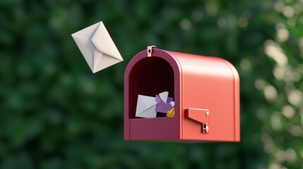Red Mailbox with Incoming Letters Against Green Background
