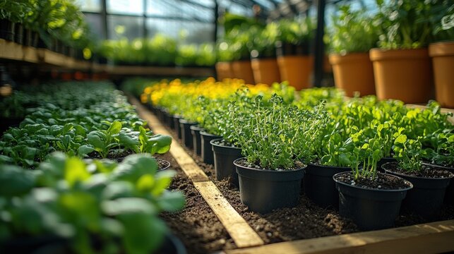 Lush Greenhouse with Vibrant Seedlings and Herbs in Pots Under Natural Light - Powered by Adobe