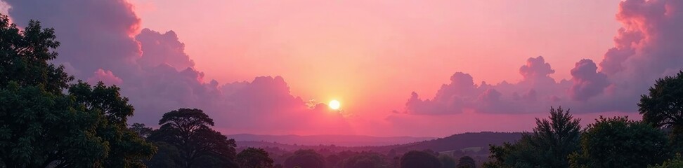 Fototapeta premium Warm pink cumulus clouds at sunset with trees in foreground, peaceful atmosphere, soft focus, natural landscape