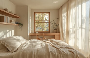 Fototapeta premium Minimalist Bedroom with Light Wood Furniture and Sheer Curtains