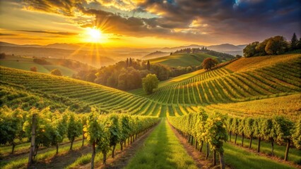 Fototapeta premium Golden sunlight filters through vines in rolling hills of a European vineyard at sunset , countryside