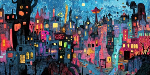 Fototapeta premium Explore a vibrant cityscape at night, filled with creativity and enchantment that captivates