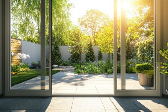Bright patio garden visible through glass doors, featuring lush greenery, blooming plants, and a peaceful outdoor setting