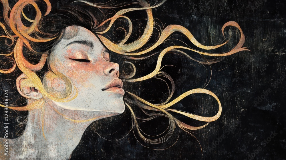 Poster mystical portrayal of a gymnast's face with flowing hair and serene expression in a dark background