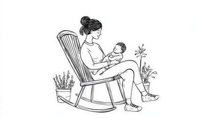 Mother Rocks Infant in Serene Environment Surrounded by Plants