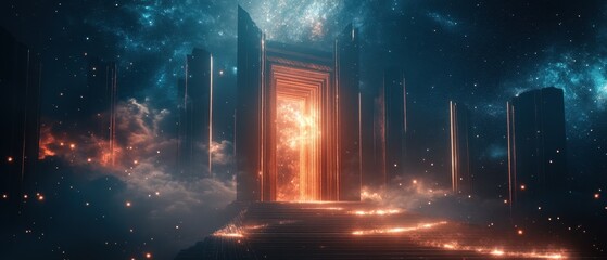 Fototapeta premium Gateway to the cosmos with a majestic structure illuminated by vibrant cosmic light