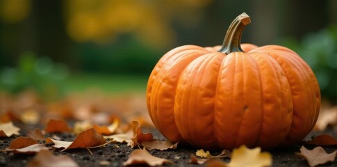 A large orange pumpkin with a stem is placed in a garden amidst fallen leaves, garden, orange